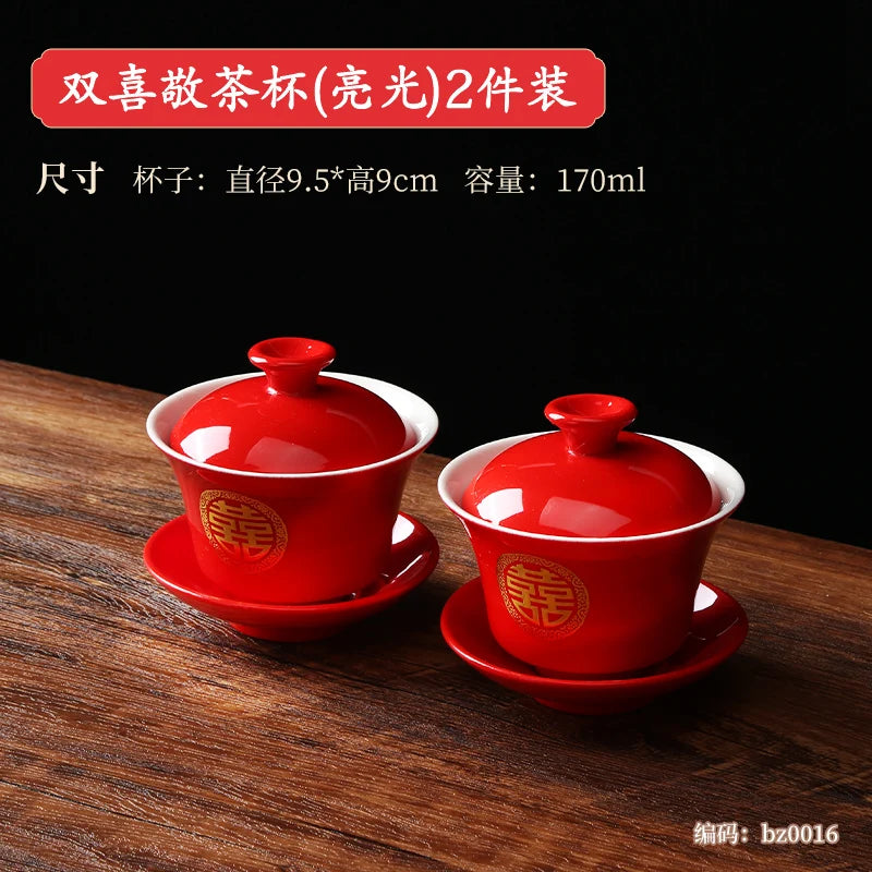 Chinese Wedding Tableware Set Joyful Red Ceramic Bowls Spoons Teacups Chopsticks Tray Wedding Supplies Gifts